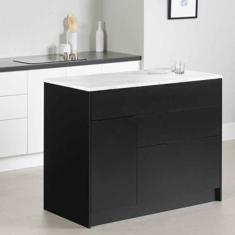 Îlot de cuisine Olio noir mat et faux marbre blanc