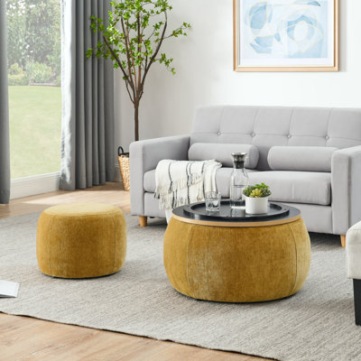 Round Storage Ottoman, 2 In 1 Function, Work As End Table And Ottoman,With Small Seat (25"X25"X14.7")