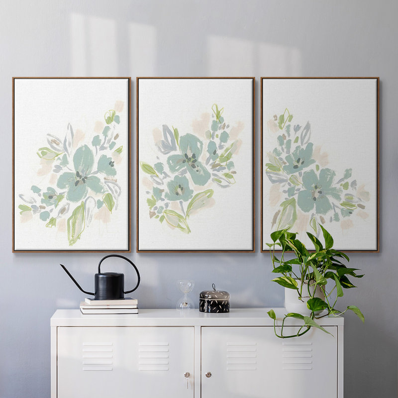 «Seafoam Petals I», reproduction sur toile 3 pièces, Noyer, H 36 po x l 72 po x P 2 po