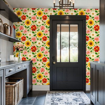 Papier peint adhésif peler et coller en PVC, revêtement mural auto-adhésif amovible avec impression de tournesols colorés de style drapeau américain, imperméable pour la décoration intérieure - Rouleau