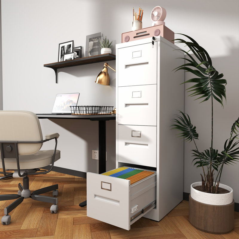 Narrow File Cabinet With 4 Drawers, Metal Vertical File Cabinet With Lock For Office Home, White