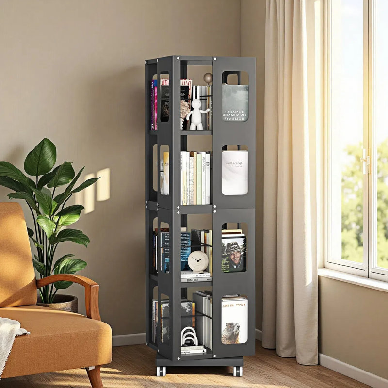 Ivy Bronx 4-Tier All-Steel Rotating Bookshelf On Wheels, 360° Revolving ...
