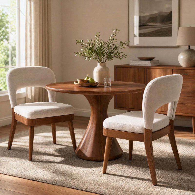 Ensemble de 2 chaises de salle à manger de style moderne du milieu du siècle, structure en bois d'hévéa au fini noyer, assises creuses revêtues de tissu beige pour la salle à manger ou la cuisine