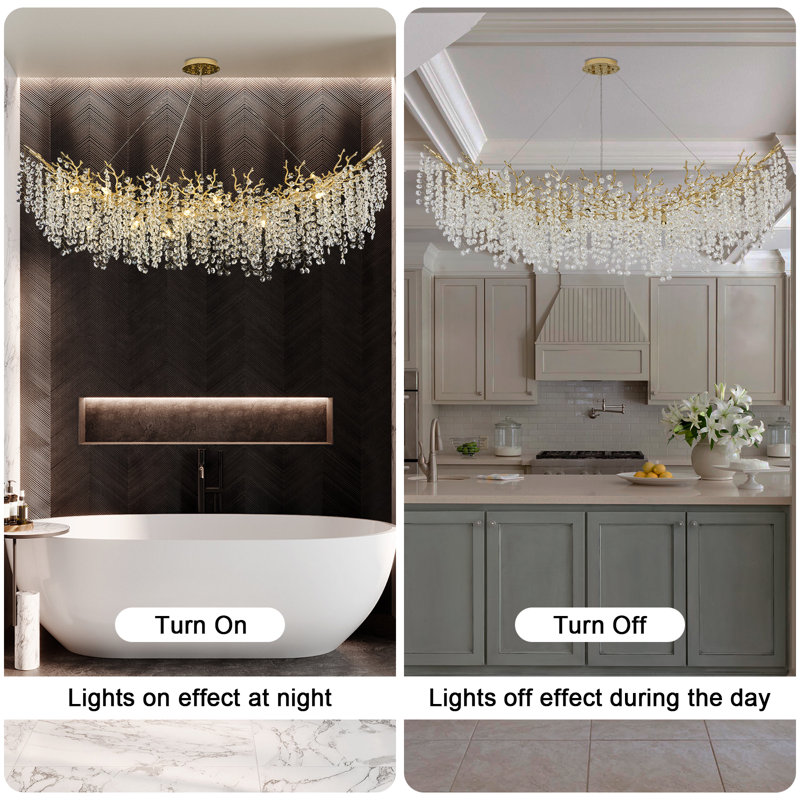 Tree Branch Snow Crystal Chandelier Lighting 63"L, Gold/White