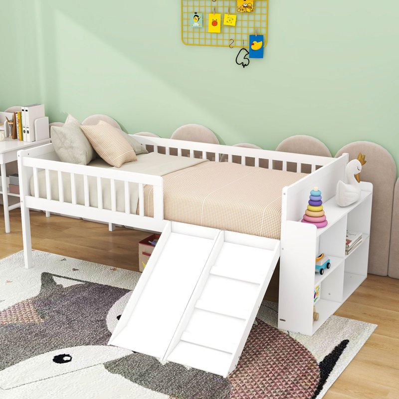 Wood Bed Frame with Storage Shelf, Slide and Guardrail, White