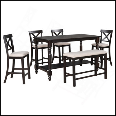6-Piece Counter Height Dining Table Set Table With Shelf 4 Chairs And Bench For Dining Room