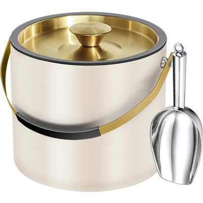 Seau à glace moderne isolé de 3,2 L avec couvercle en silicone, pelle, crépine, seau à glace en acier inoxydable à double paroi pour les fêtes et bar à cocktail, idéal pour les cadeaux (blanc perle)