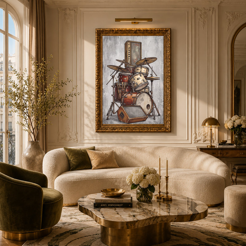 Tableau sur toile représentant une batterie vintage avec amplificateurs et cymbales, H 30 po x l 20 po