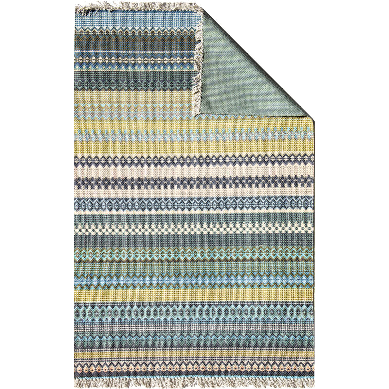 Tapis rayé en polyester tissé à plat de couleur vert / gris Thelonius, Rectangle 4 pi 11 po x 7 pi 7 po
