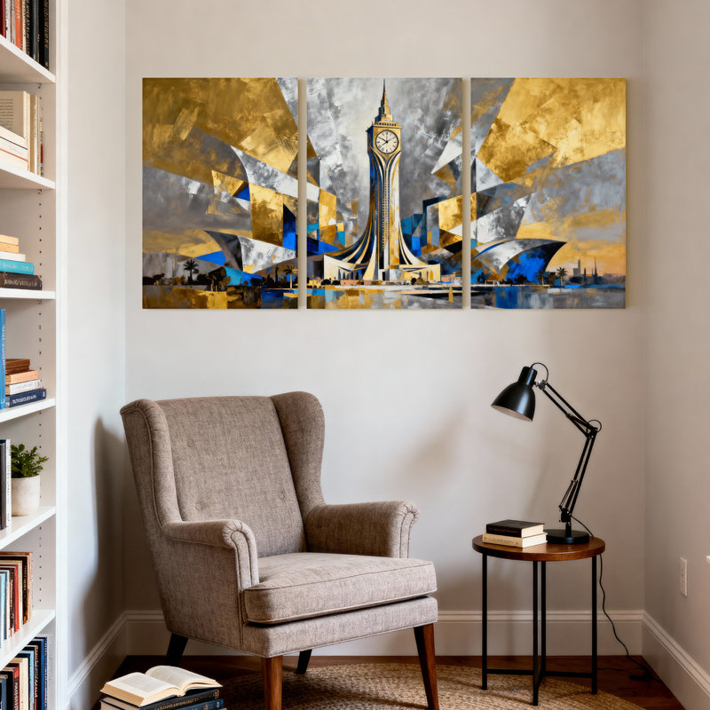 Cités et pays abstraits, paysage urbain, tour d'horloge, reflet doré, ensemble de 3 impressions sur toile, H 18 po x l 36 po