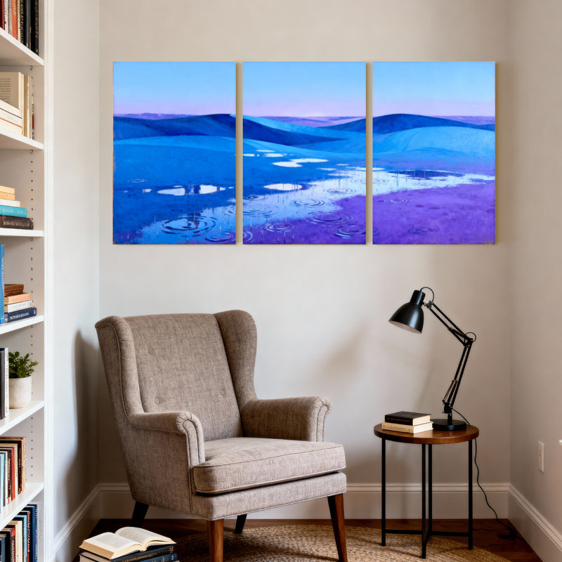 Scénario et paysages urbains, ciel bleu, eau, ondulations, paysage mauve, ensemble de 3 impressions sur toile
