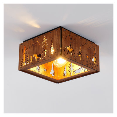 2-Light Rustic Farmhouse Flush Mount Ceiling Light with Metal and Wood, Vintage Square Fixture featuring Forest and Bear Cutout Design for Hallway, Kitchen, Entryway (Bulbs Not Included)