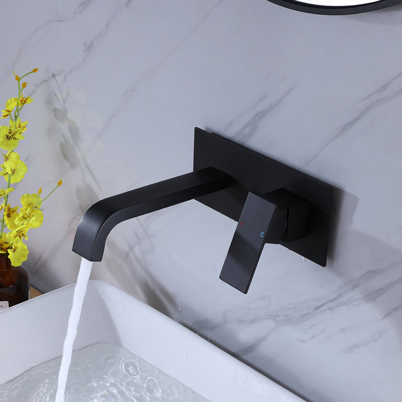 Matte Black Wall Mounted Bathroom Faucet Single Handle with Deck Plate