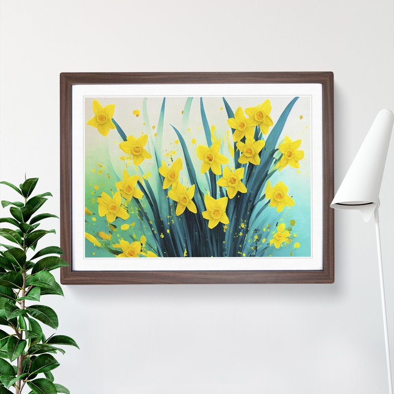 Daffodil Flower Splash - Framed Print, 46cm H x 64cm W x 2cm D, Walnut