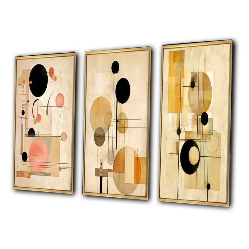 «Beige Geometric In Motion III», 3 pièces sur toile, Cadre flottant doré, H 40 po x l 60 po