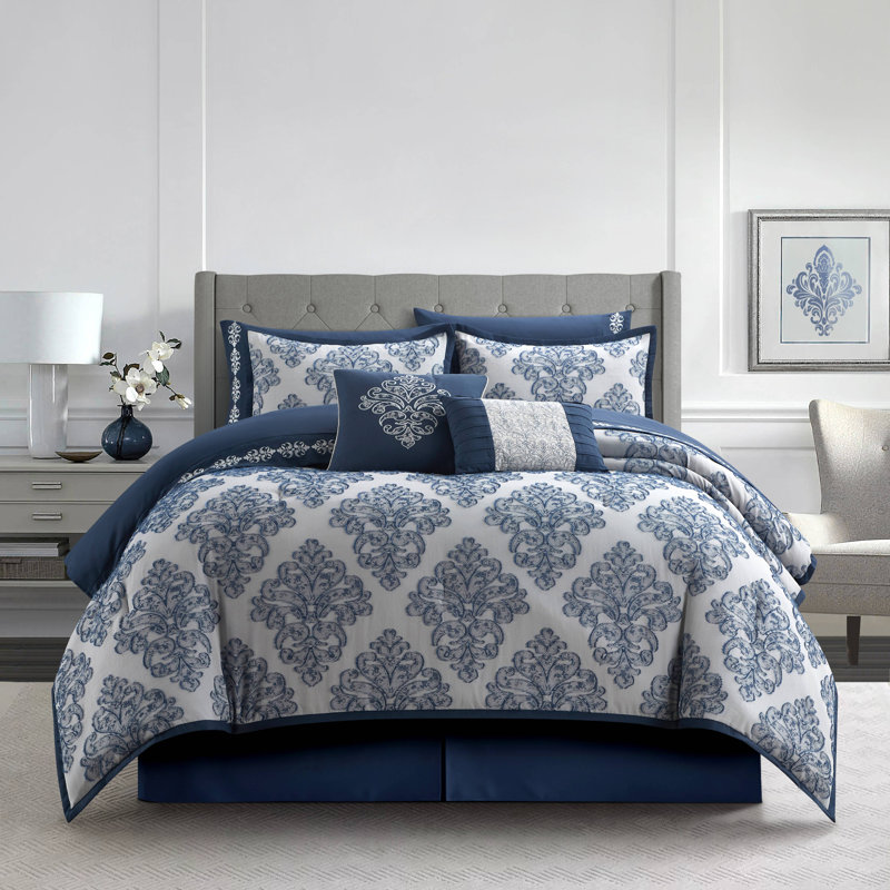 Lubava 10 Piece Damask Comforter Set, Cal. King Comforter + 7 Additional Pieces 