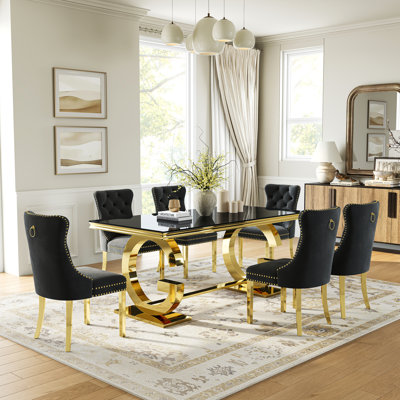 70.08" Rectangular Dining Table Set Of 7, Tempered Glass Top With Double-G Base, 6 Upholstered Velvet Dining Chairs With Nailhead Trim