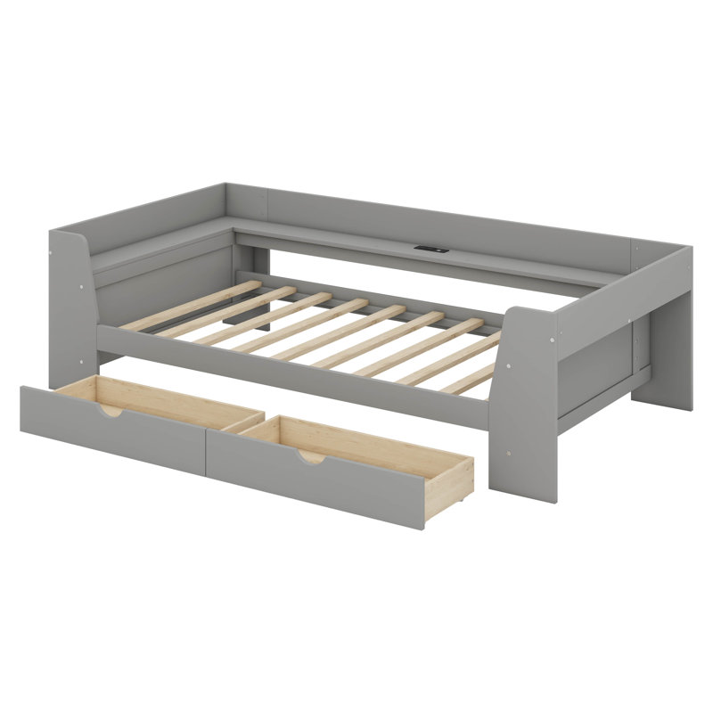 Lit de jour simple avec station de charge intégrée, cadre de canapé-lit en bois avec tablettes et tiroirs, Gris