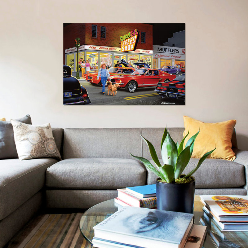 «Crazy Ed's» par Bruce Kaiser - Publicité rétro sur toile, H 26 po x l 40 po x P 1,5 po, Toile tendue