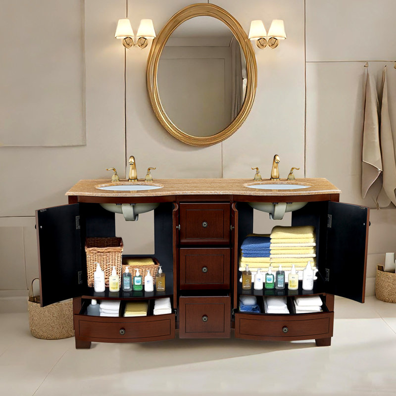 Meuble-lavabo double 60 po avec plateau en travertin Teyang