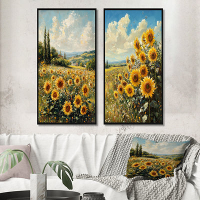 «White Meadow of Sunflowers I» - art mural floral 2 pièces