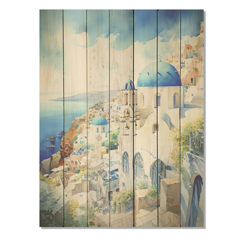 Santorinisles bleu et blanc I - Grèce sur bois, H 44 po x l 34 po