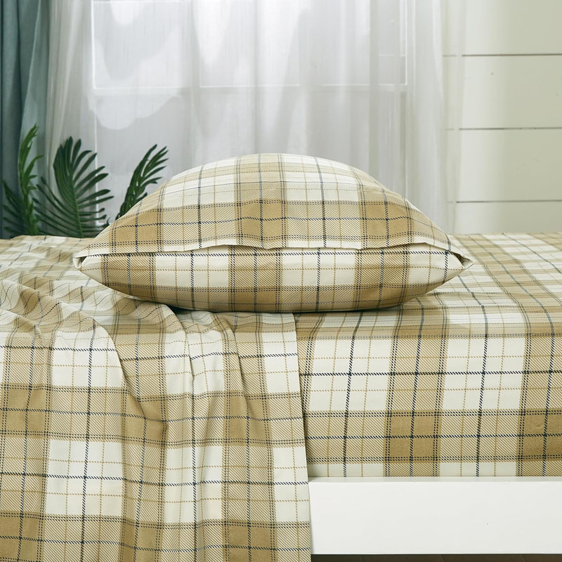 Queen Tan Beige Blue Plaid Microfiber Deep Pocket Sheet Set