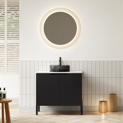 Meuble-lavabo de salle de bain 30 po avec lavabo, armoire de rangement autoportante avec 2 portes, lavabo rond en verre noir transparent et comptoir en pierre frittée blanc de Carrare, sans robinet, couleur noire