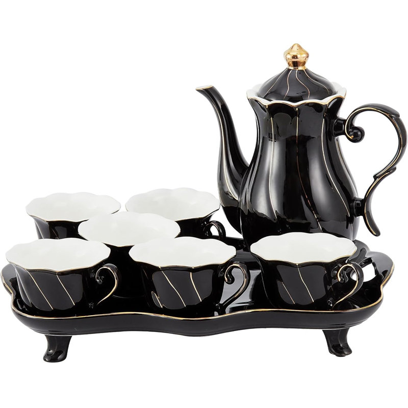 Luxury Black Porcelain Tea Set with Golden Trim, 14 Pieces