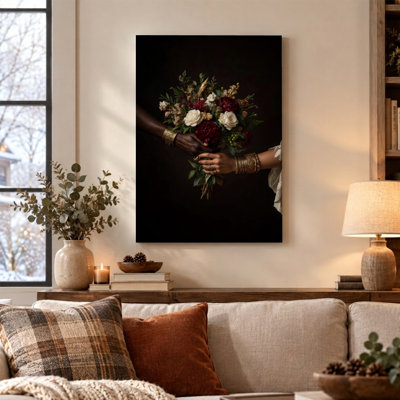 " Black Rose Bouquet Hands - Plants & Flowers Canvas Print Wall Art "