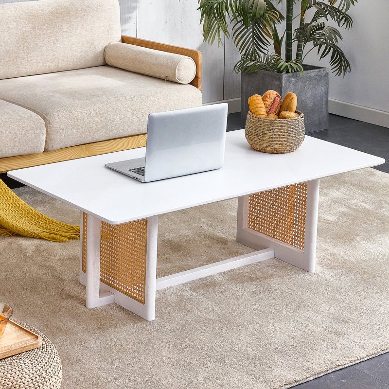 Table basse de style chinois en bois massif blanc et imitation rotin, table basse rectangulaire en bois massif, table basse classique en bois massif de style imitation rotin. W1512P245681
