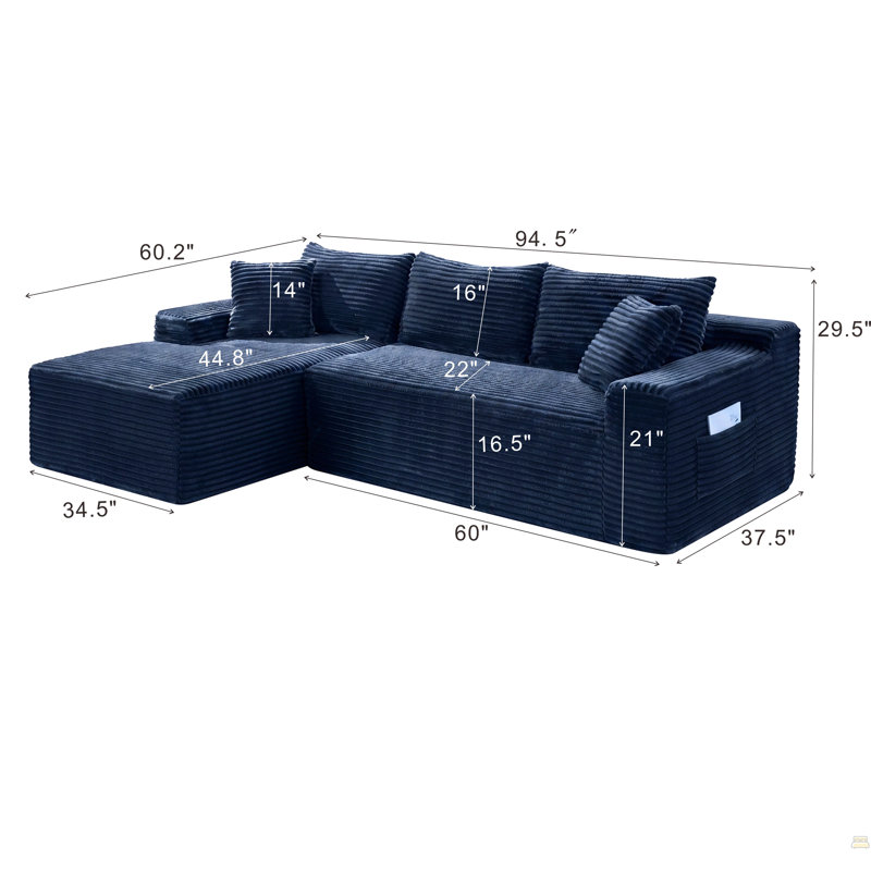 Canapé modulaire 94,5 po Cloud, 29.5" H x 94.5" W x 60.2" D, Blue Corduroy
