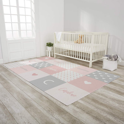 Tapis tissé à la main à carreaux rose / gris / blanc