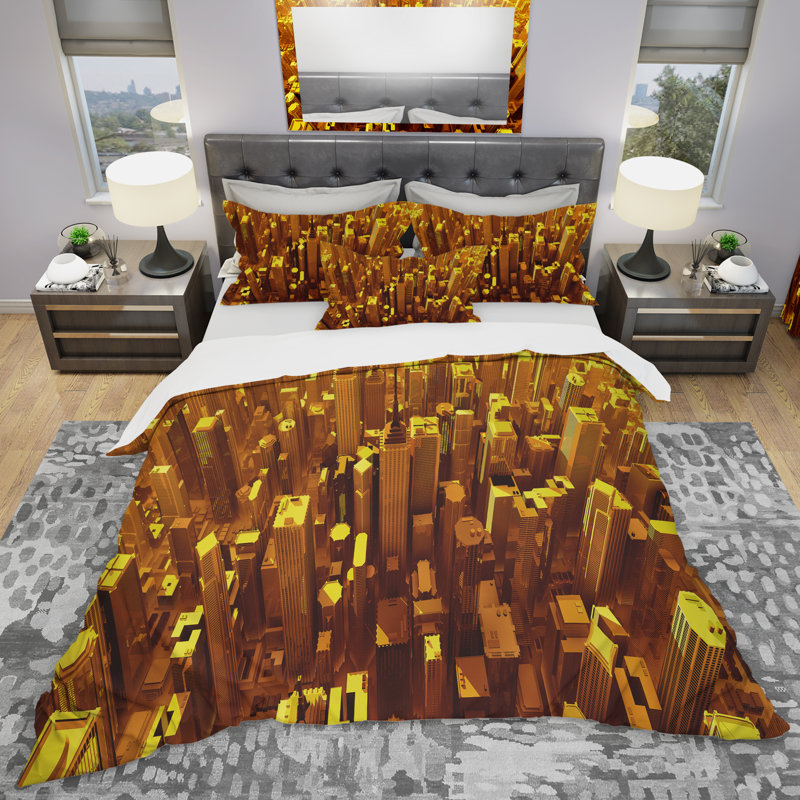 Golden City From The Sky - Ensemble de housse de couette abstrait - Microfibre de polyester