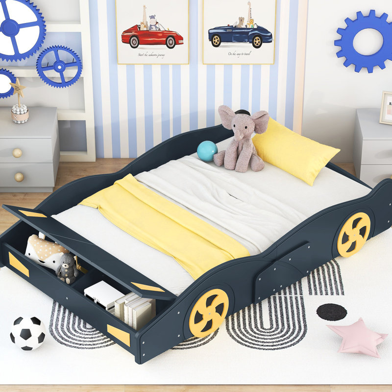 Lit plateforme pour voiture de course double - bleu foncé avec rangement robuste pour chambre à coucher + roues et bois de pin confortable