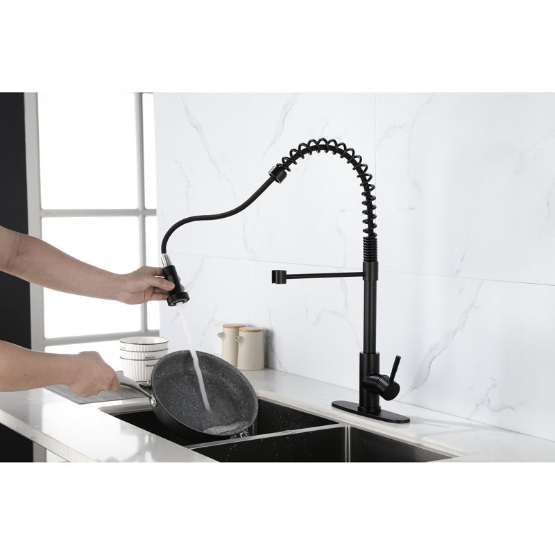 Commercial Kitchen Faucets In Matte Black With Pull Out , Stainless Steel Finish Faucet 3 Sink Water