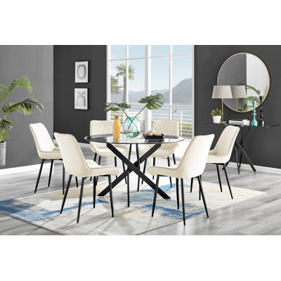 Tierra Modern Chrome Metal & Glass Round Dining Table Set with 6 Luxury Faux Leather Chairs