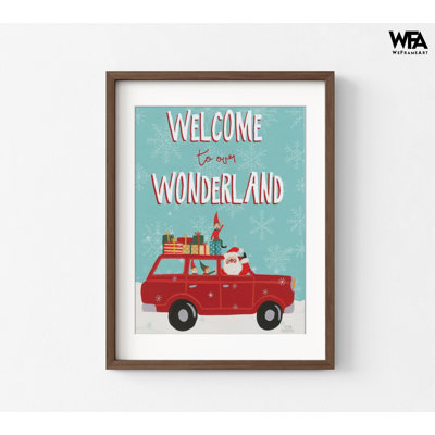Affiche rétro de Noël, pays des merveilles d'hiver, père Noël, elfe, voiture rouge, flocon de neige, art mural, Noël, nostalgie, fête, décoration