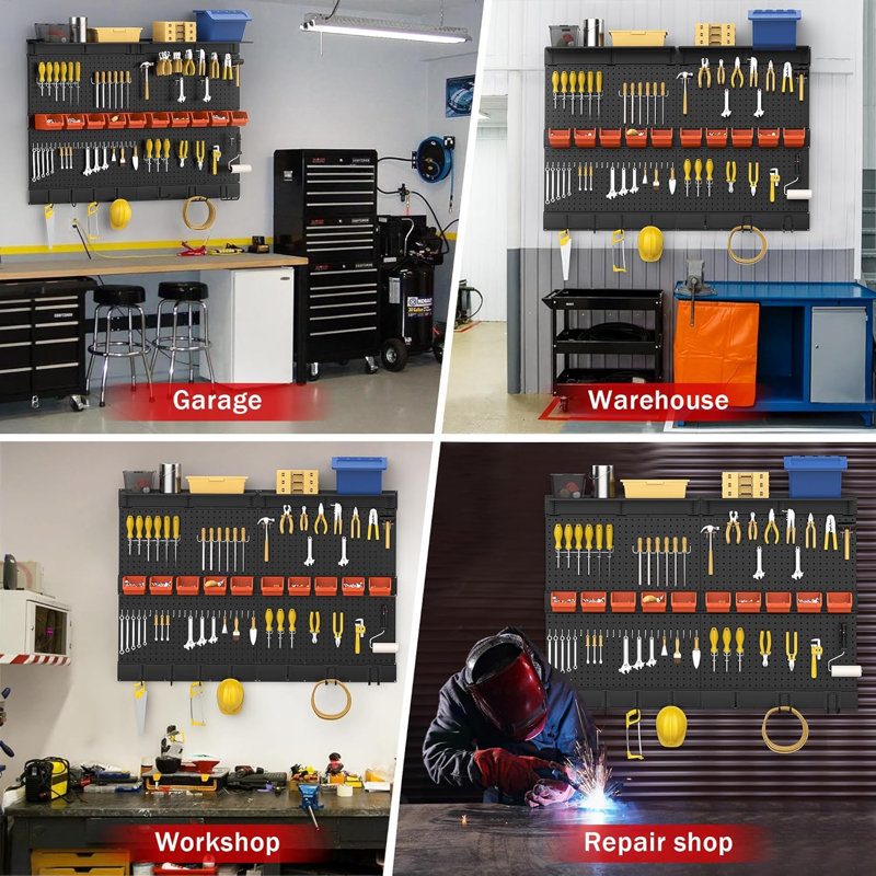 Organisateur mural noir en panneau perforé, 48 po x 36 po pour rangement de garage avec crochets