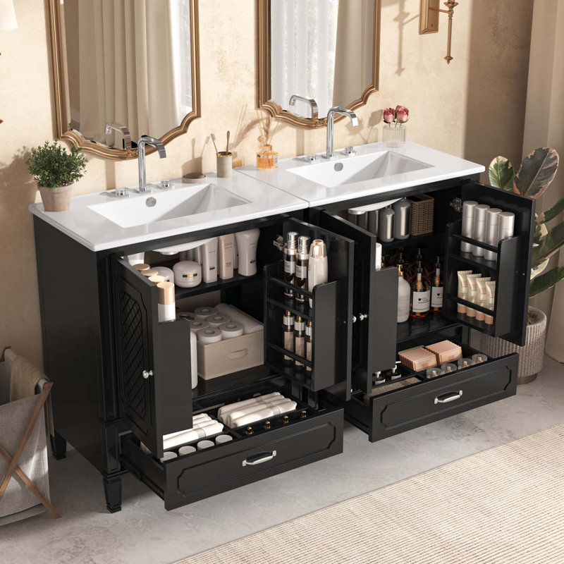 Ensemble de meuble-lavabo sophistiqué avec lavabos doubles et rangement polyvalent, Noir