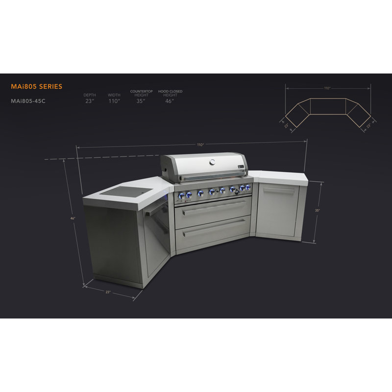 Mont Alpi 6-Burner 115000 BTU 45 Degree Stainless Steel BBQ Island Grill + Side Burner & Storage