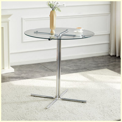 Table de bar ronde en verre de 91 cm (36 po), plateau en verre trempé, piètement à 4 colonnes chromé argenté, table de bar transparente idéale pour les petits espaces, cuisine, café