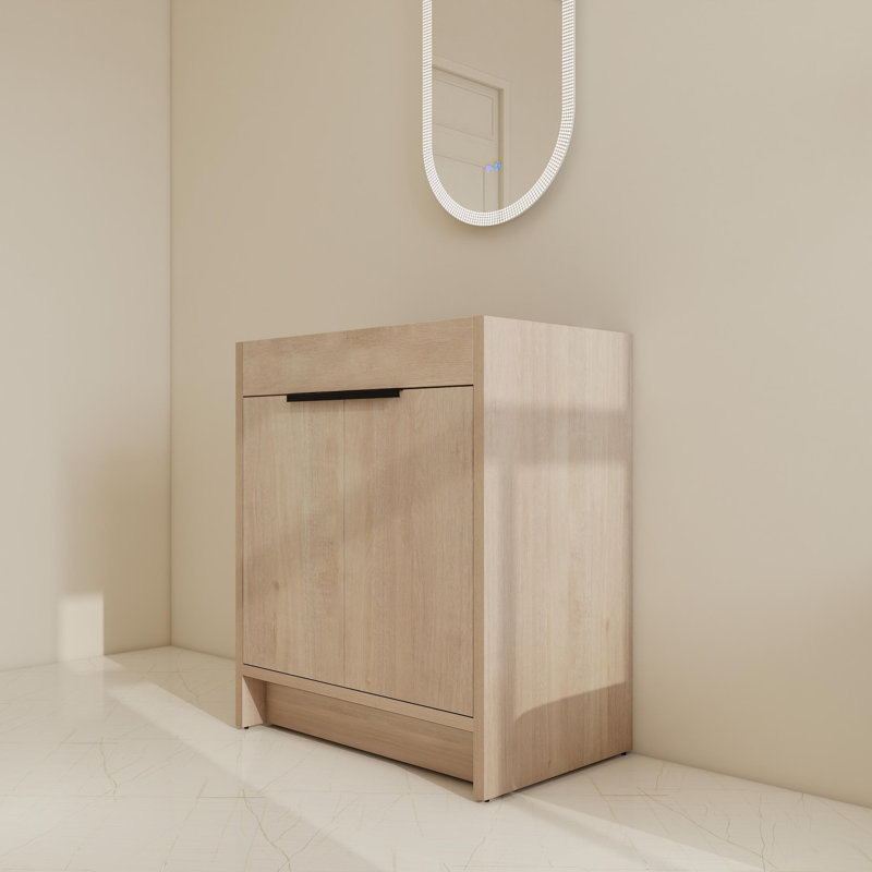 30" Free-Standing Single Bathroom Vanity Base With Adjustable Shelf, Plain Light Oak