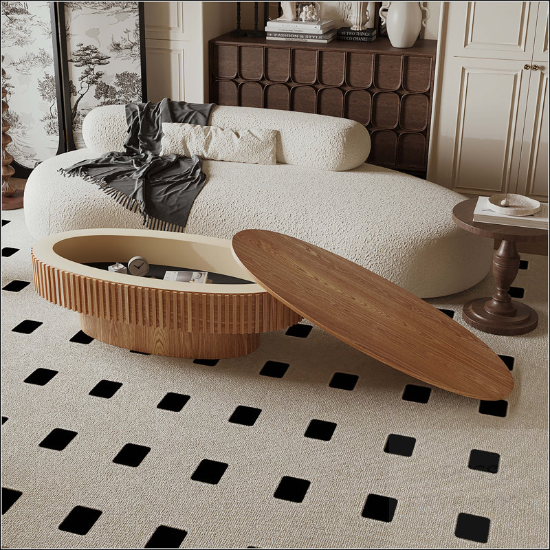 Table basse ovale avec rangement caché, Bois naturel