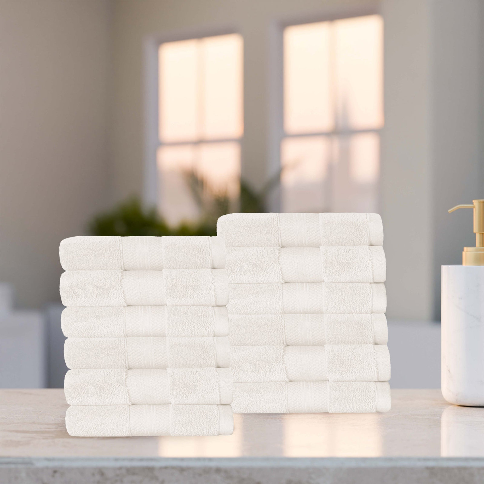 Finnian Turkish Cotton Bath Towel, Ivory, Washcloths - 12 Pack