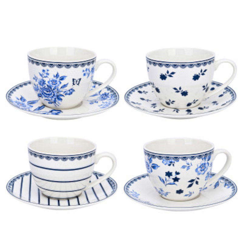 Ensemble de 4 tasses à thé et soucoupes en porcelaine tendre rétro Indigo
