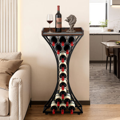 Casier à vin de 15 bouteilles, meuble de rangement sur pied avec plateau en bois, montage facile, noir, idéal pour le bar, la cuisine, le salon ou la salle à manger.