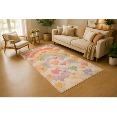 "Ultra Thin" 5' x 7' Pastel Rainbow Heart Cloud Area Rug, Soft Low Pile Indoor Rug with Non-Slip Silicone Backing for Nursery, Kids Room, Playroom, Bedroom, Kids & Pets, Pink Purple Yellow