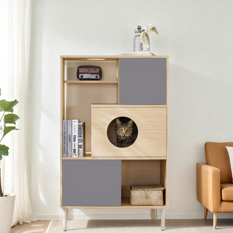 Modern Cat Bookcase Cat Tree Shelves With Storage Shelves And 2 Cabinets
