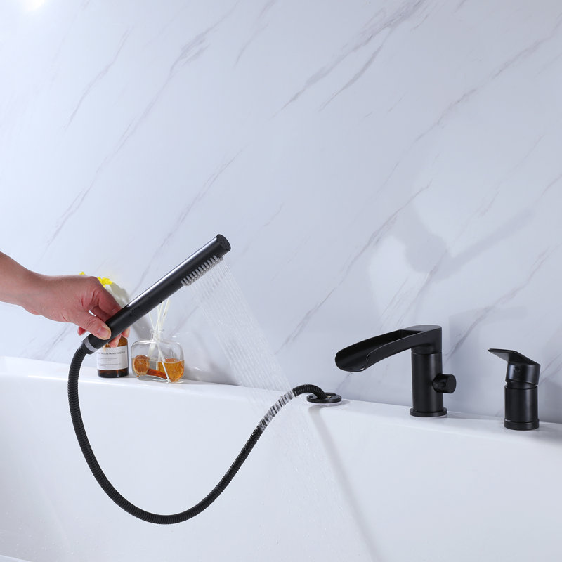 Robinet de baignoire à fixation sur plateau en laiton massif avec douche à main escamotable, Noir mat
